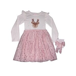 Little Lass Girls Pink Reindeer Christmas Dress Size 6 W/Bow Hair Clip NWT